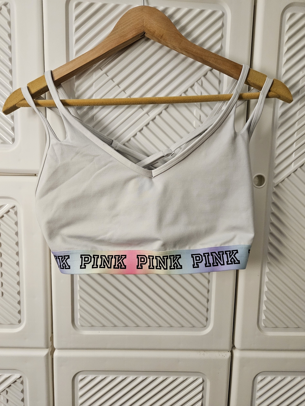 PINK Victoria's Secret White Bralette with Pastel Rainbow Band